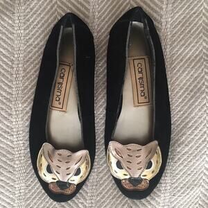 Cat Head Flats Leather Black Leopard Animal Vintage Carysma Metallic 6.5/7 Fit
